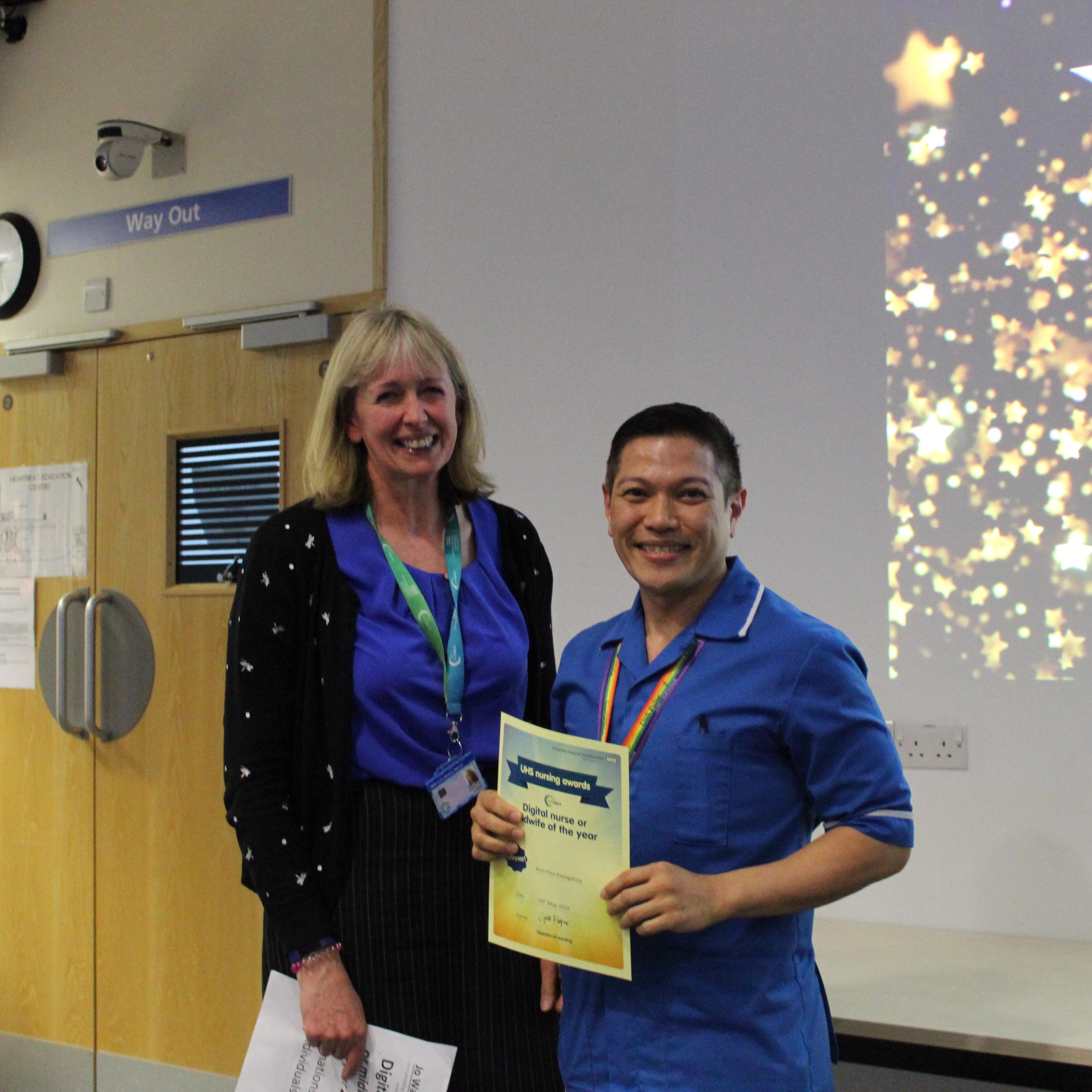 Jean-Paul Evangelista, digital nurse of the year, with Jo Watts, UHS Digital programme manager