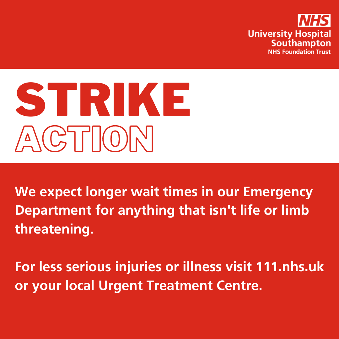 Graphic warning that strike action will likely result in longer wait times at emergency departments and that the public should consider 111 online or visiting their local urgent care centre for anything less than life threatening.