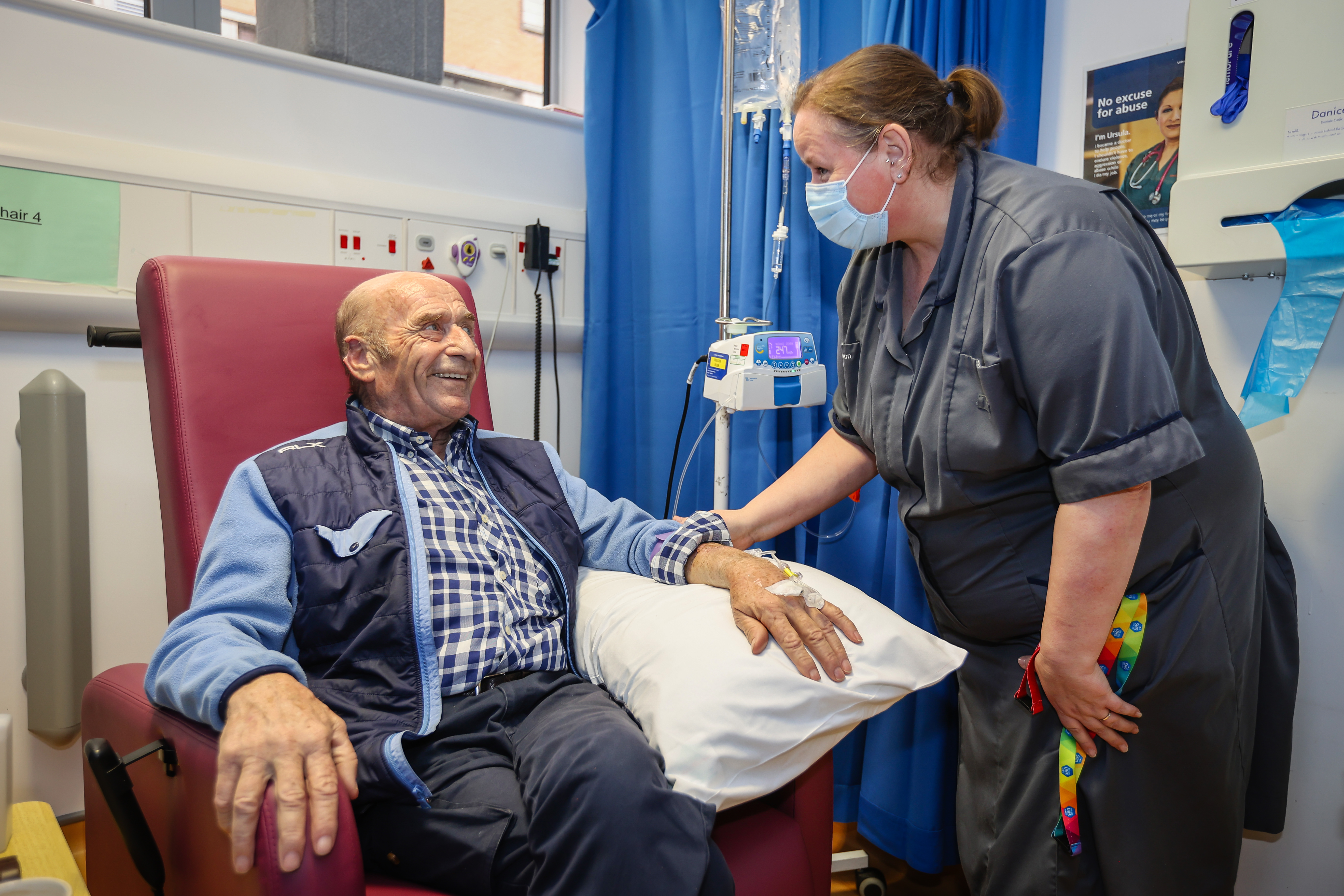 Patient Roger Daughty with UHS clinical research nurse - credit Paul Collins Photography