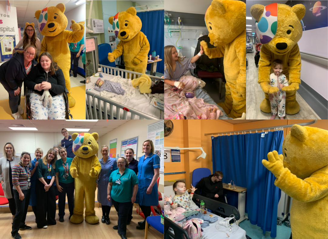 Montage of pics from Pudsey's visit to Southampton Children's Hospital