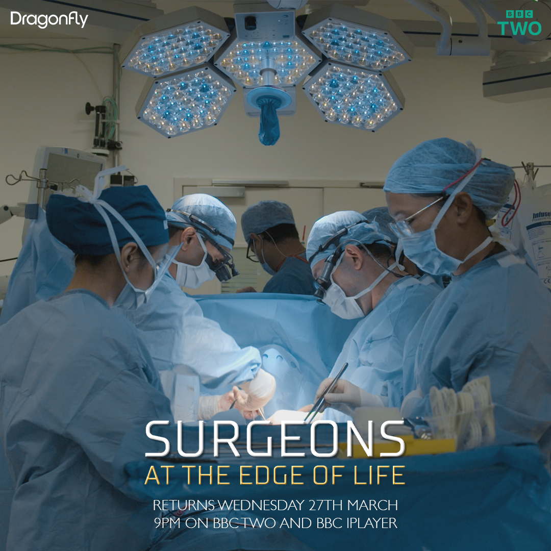 Image advertising Surgeons At the Edge of Life, showing a surgical team working on a patient.