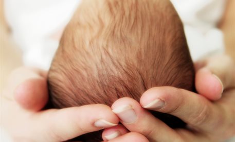Two hands cupping baby's head