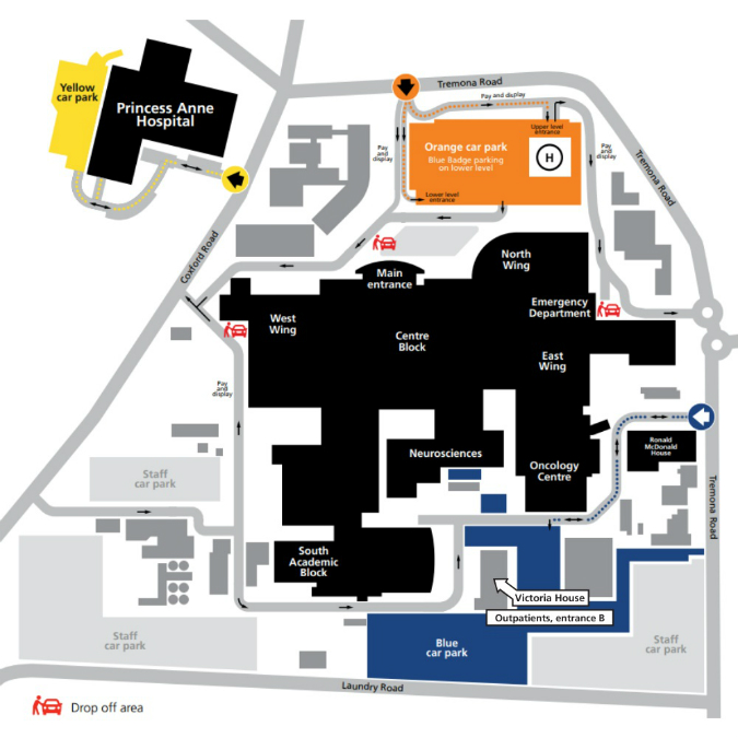 A map showing where to find Victoria House, and the closest car park (blue).