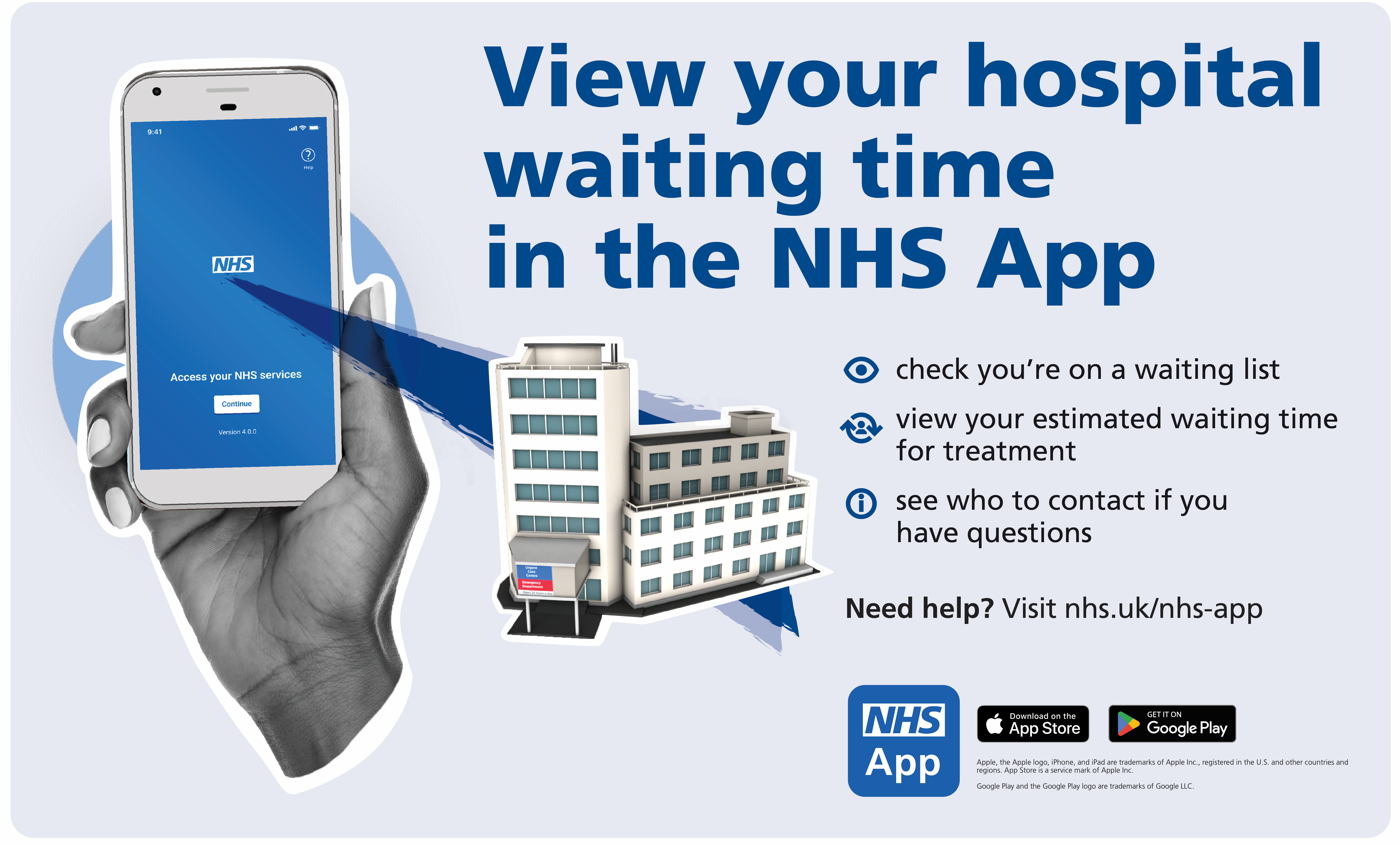 A hand holding a phone, stating that you can view your hospital waiting time in the NHS app