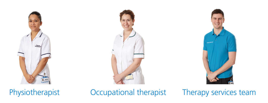 Uniforms: Physiotherapist and occupational therapists in white, therapy services team in blue polo shirt.