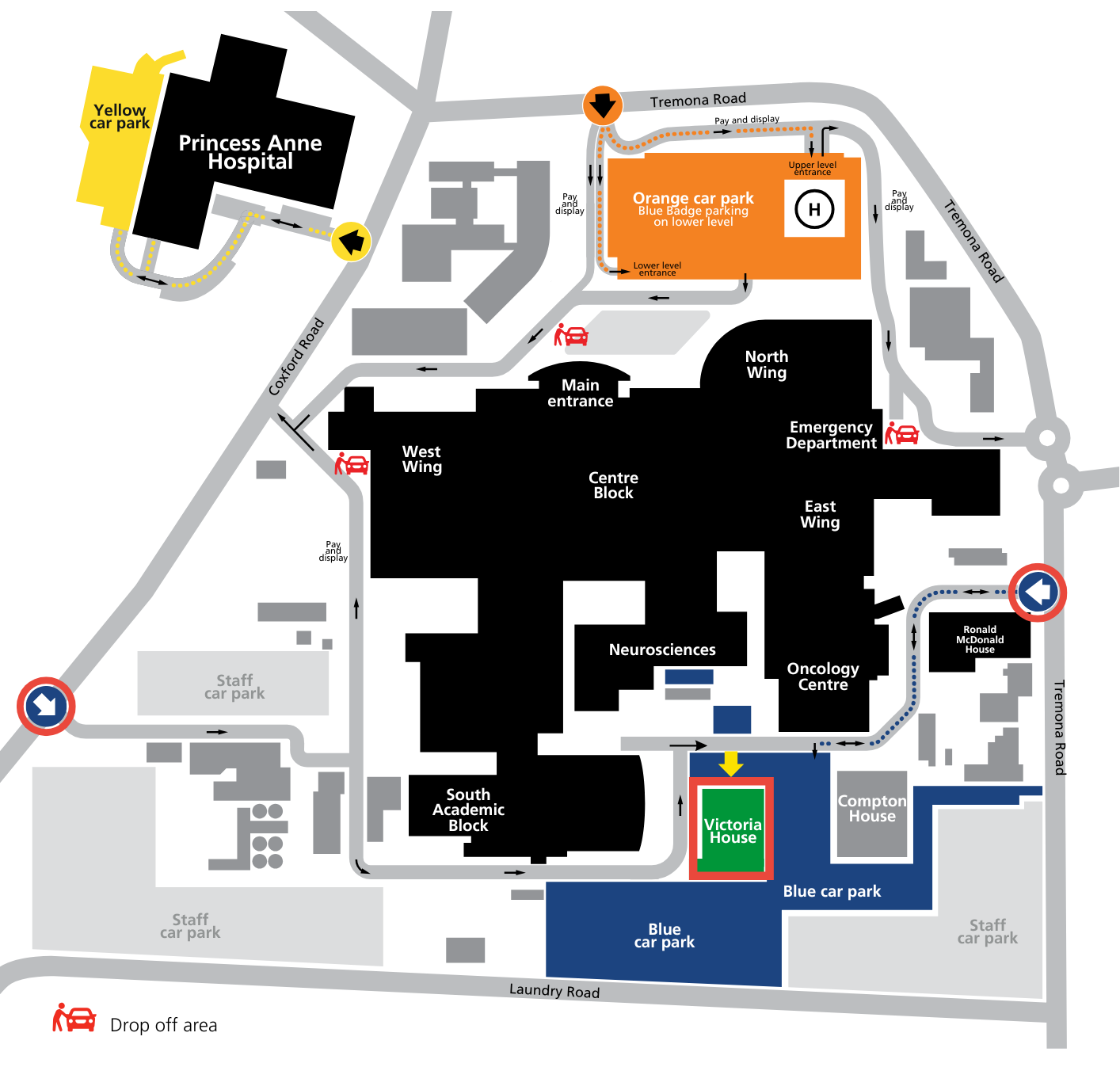 Map showing Victoria House next to the blue car park and Compton House